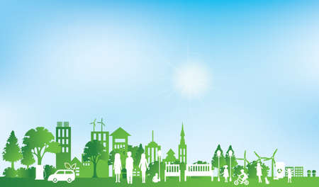 Green eco city and life paper art style, urban landscape and industrial factory buildings concept.vector illustrationのイラスト素材