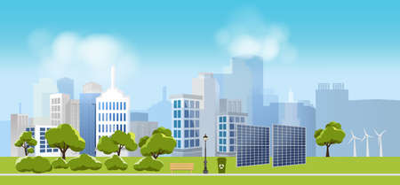 Green eco city and life , relax garden,urban landscape and industrial factory buildings concept.vector illustrationのイラスト素材