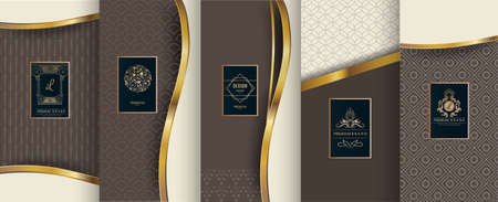 Collection of design elements, labels, icon, frames  for packaging, design of luxury products.  Made with golden foil. Isolated on brown background. vector illustrationのイラスト素材