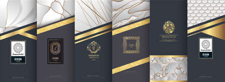 Collection of design elements, labels, icon, frames  for packaging, design of luxury products.  Made with golden foil. Isolated on brown background. vector illustrationのイラスト素材