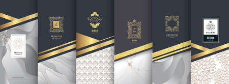 Collection of design elements, labels, icon, frames for packaging, design of luxury products. Made with golden foil. Isolated on silver and marble background. vector illustrationのイラスト素材