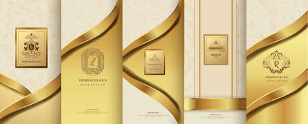 Collection of design elements, labels, icon, frames, for packaging,design of luxury products. for perfume, soap, wine, lotion. Made with golden foil. Isolated on flower background. vector illustrationのイラスト素材