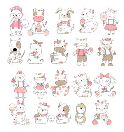 Cute baby animal cartoon hand drawn styleのイラスト素材