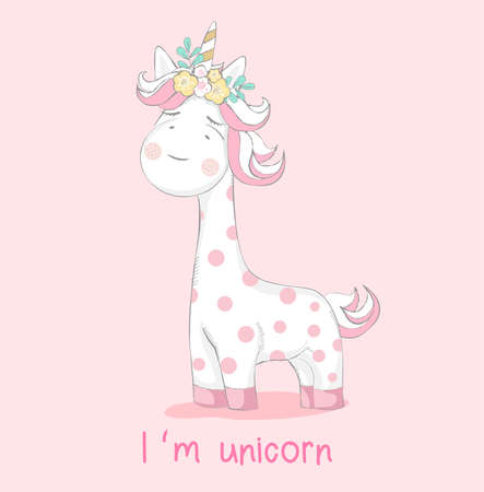 Cute baby giraffe cartoon hand drawn style, for printing,product,t shirt,logo,banner.vector illustrationのイラスト素材
