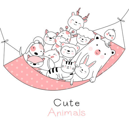 Cute baby animals cartoon hand drawn style,for printing,card, t shirt,banner,product.vector illustrationのイラスト素材