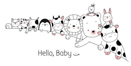 Cute baby animals cartoon hand drawn style,for printing,card, t shirt,banner,product.vector illustrationのイラスト素材