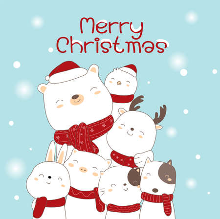 merry christmas happy new year cartoon hand drawn style.vector illustrationのイラスト素材