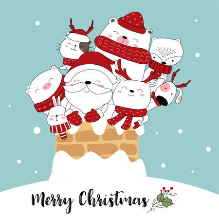merry christmas happy new year cartoon hand drawn style.vector illustrationのイラスト素材