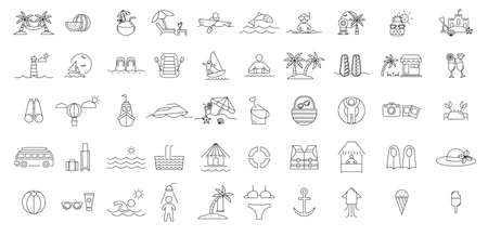 Big set summer vacations icon set. and beach resorts and hotels symbol outline,line art, line out door resorts and hotels for traveling, tourism.vector illustrationのイラスト素材