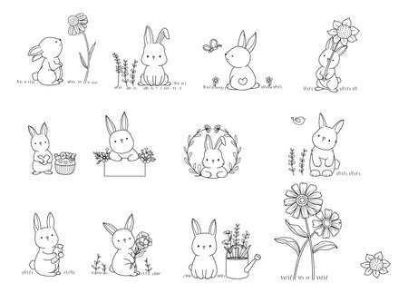 Big set rabbit bunny animal cartoon with flower hand drawn,doodle,line art style Cute cartoon funny character. Pet collection. Flat design Baby background.vector illustrationのイラスト素材