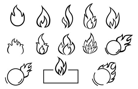 fire flat line icons, flames, flame of various shapes, bonfire vector illustrationのイラスト素材