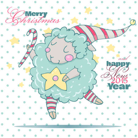Cute cartoon sheep . Cute New Year sheep. Dreamy sheep with a heart. New year card with sheep. Children picture in pastel colors.のイラスト素材