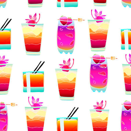 Seamless pattern with colorful cocktails with ice and strawberries. Cocktail with a cherry.のイラスト素材