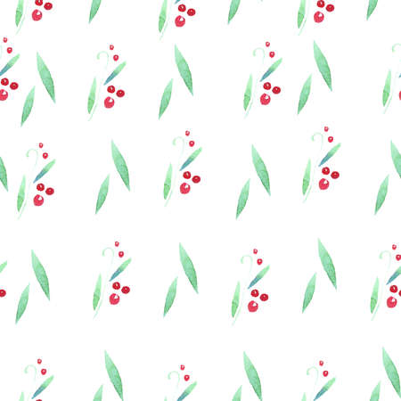 Watercolor leaves with berries. Pattern of green leaves and red berries.のイラスト素材