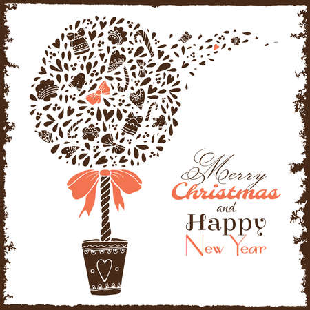 Christmas Tree tree topiary. Congratulations Merry Christmas and happy new year. Tree with bows, cookies, gingerbread, bells, hearts and red berries.のイラスト素材