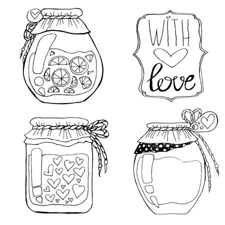 A set of hand-drawn cans. Cute set of jars of jamのイラスト素材