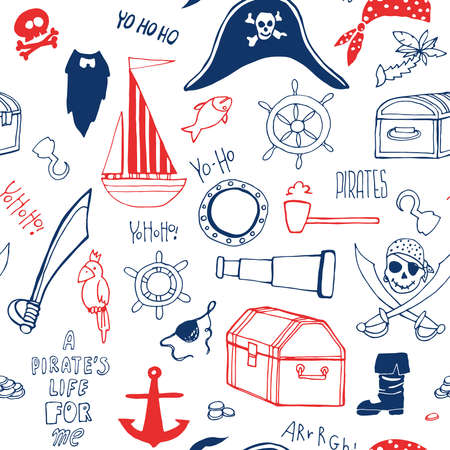 Seamless pattern with pirate elements. A party in a pirate style. Hand drawn pirate elements.のイラスト素材