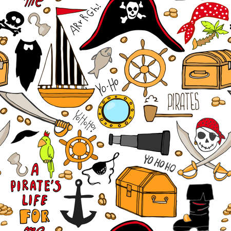 Seamless pattern with pirate elements. A party in a pirate style. Hand drawn pirate elements.のイラスト素材