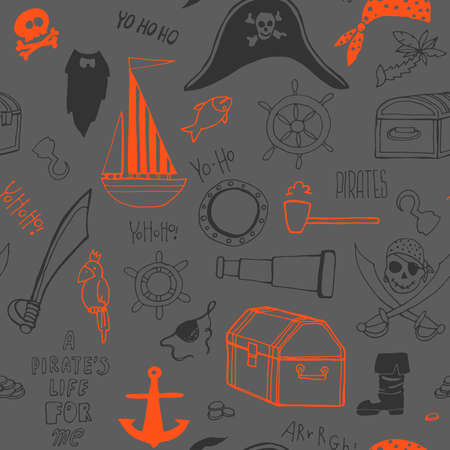 Seamless pattern with pirate elements. A party in a pirate style. Hand drawn pirate elements.のイラスト素材