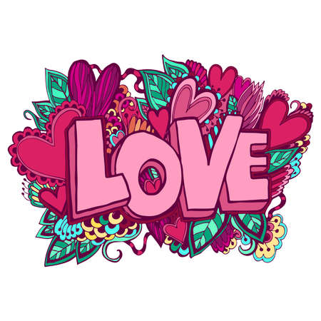 Love hand lettering and doodles elements sketch background. Vector illustration.のイラスト素材