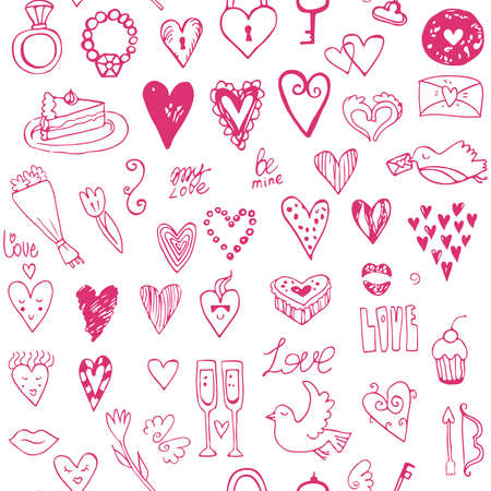 Happy Valentines doodle set seamless pattern. Hand drawn vector hearts. I love you doodle icon set isolated,のイラスト素材
