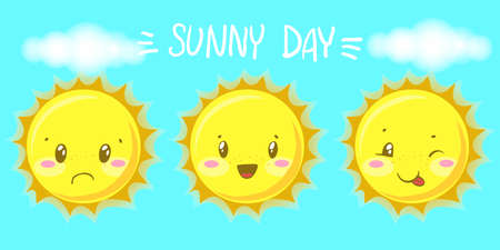 Sunny day. Cute sun. Set of different emotions in the sun. Sun in different mood. Vector setのイラスト素材