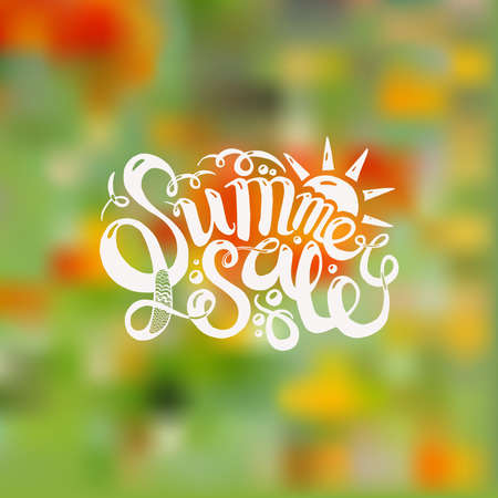Doodle inscription - Summer Sale. The inscription painted by hand in ink. Banner for seasonal sales. In the blur background with bright colors.のイラスト素材