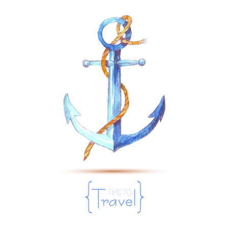 Watercolor anchor rope. Time to travel. Hand painted watercolor anchor.のイラスト素材