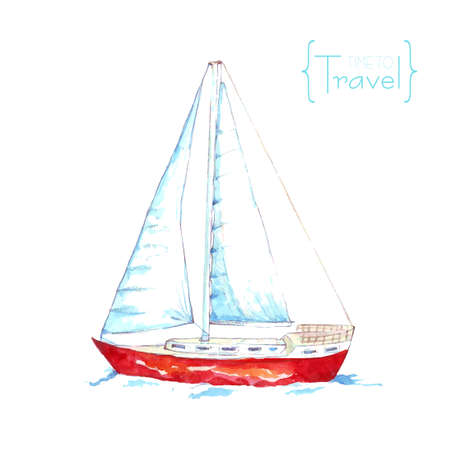 Watercolor sail with red beads. Watercolor yacht floating on the waves. Time to travelのイラスト素材