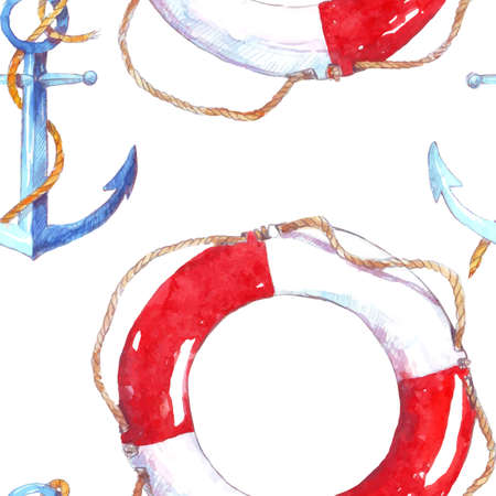 Painted in watercolor pattern anchor and lifeline vector. Pattern for recreation, vacation, of marine walks and the ocean.のイラスト素材