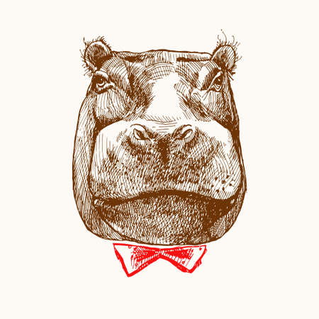 Sketch of hippopotamus head. Hand-drawn brown Hippo. Hippo with butterfly. Stylish hippopotamus. Portrait in retro style.のイラスト素材