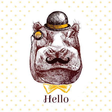 Sketch of hippopotamus head. Hand-drawn brown Hippo. Hippo with a butterfly tie. Stylish hippopotamus. Portrait in retro style. Hipster.のイラスト素材