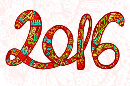 Chinese New Year. Beautiful hand drawn figures Symbol  2016 with doodle ornament postcard, price, congratulations. Bright colorsのイラスト素材