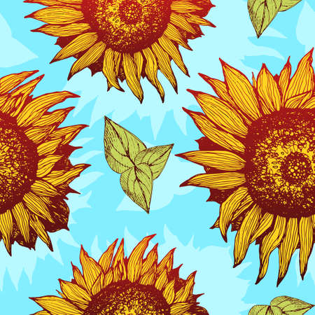 Hand drawn sunflowers. Sketch of a flower with a stem and leaves. For advertising, design, packaging. The pattern with sunflowers.のイラスト素材