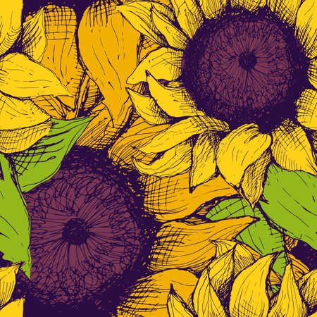 Hand drawn pattern of sunflowers. Flower sunflower with heart and rose. Pattern for packaging, advertising, and oil products from sunflower.のイラスト素材