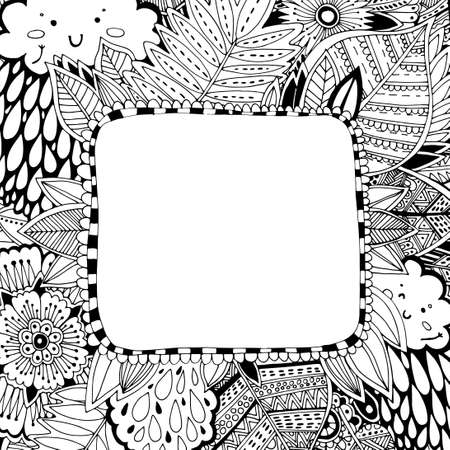 Hand-drawn floral frame - coloring. Coloring children, adults, the frame for an inscription. The original design of the cover, notepad, cover pageのイラスト素材