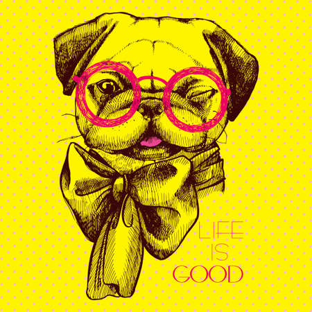 creative design pug dog - an intellectual with glasses and a bow at the neck. Head pug hand painted inscription life is good.のイラスト素材