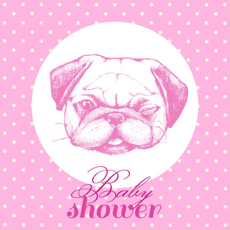 Illustration for birthday newborn girl. Baby shower. Cute Pug in pink. Cards, cards, posters and invitations.のイラスト素材