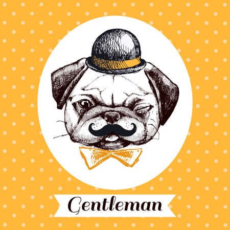 creative design pug dog - hipster, intellectual with a bow tie, hat and mustache. Head pug hand painted inscription intellectual.のイラスト素材