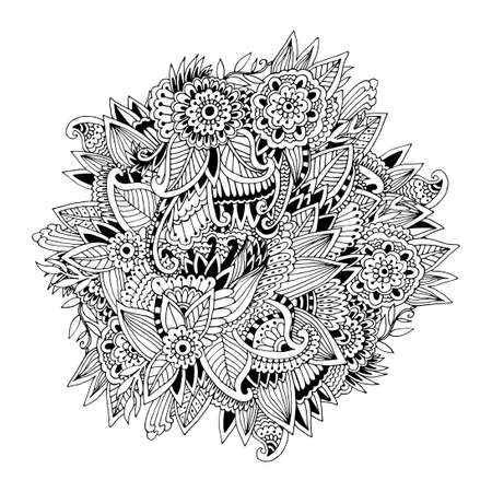 unique circle coloring book page for adults - floral authentic carpet design, , who like line art creation, relax and meditation, vector illustrationのイラスト素材