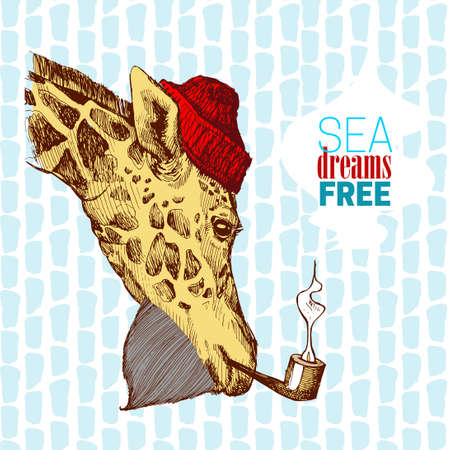 Creative design of a giraffe - a sailor in a hat with a beard and a pipe. The head of a giraffe hand painted inscription sea, dream, freedom - the smoke from his pipe.のイラスト素材