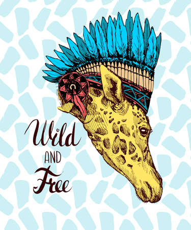 Creative design of a giraffe on an Indian hat with feathers. The head of a giraffe hand painted inscription Wild and Free - lettering.のイラスト素材