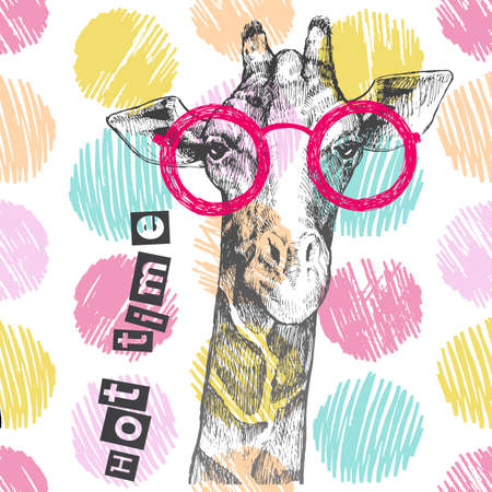Drawn by hand giraffe. Bright giraffe glasses - hipster. Hot time. Summer print on clothing, shoes, T-shirt, raglan. Vectorのイラスト素材