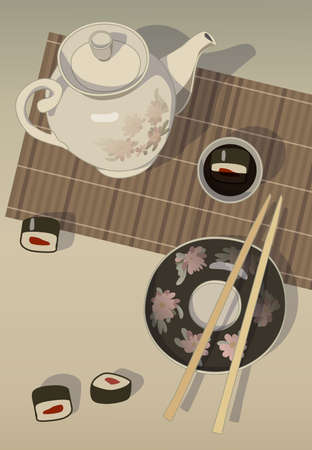 Still life with rolls and teapot, vector.のイラスト素材