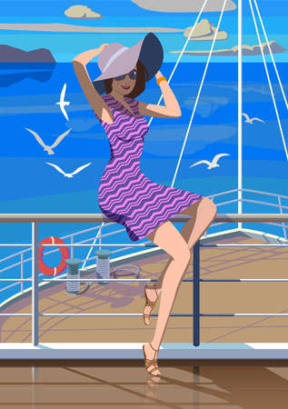 Girl on a ship at sea, vector.のイラスト素材