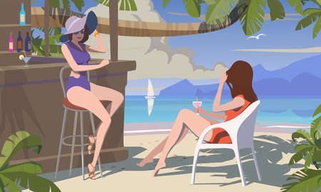 Beach bar, girls in the lounge bar, vector.のイラスト素材