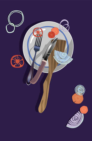 Still life of cutlery with vegetables. Vector.のイラスト素材