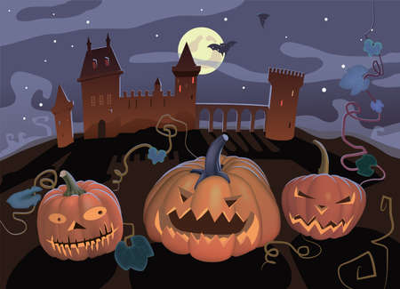 Pumpkin Jack, old castle, full moon. Vector.のイラスト素材