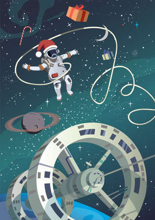 Christmas in Earth orbit, astronaut in outer space. Vector.のイラスト素材