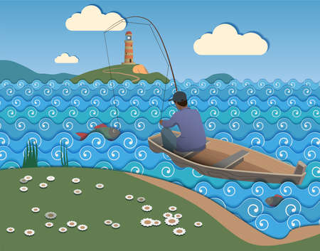 A fisherman on a boat caught a big fish. Vector.のイラスト素材
